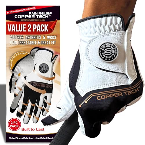 Copper Tech Golf Gloves Men Right Handed Golfer Or Left Handed Golfer (2 Pack)| Copper Compression Joint Support | Flexible & Comfortable Fit with Premium Leather | Tacky Reinforced Palm Pad With Grip