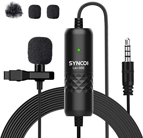 SYNCO Lavalier-Lapel-Microphone-Clip-on Omnidirectional Condenser 6M Cable 3.5mm Micro Audio Recording with Wind Muff for Smartphone DSLR Camera Laptop Interview Youtube Video Android Lav Mic S6E
