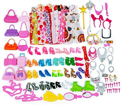 70 Stück Kleidung Accessories für Barbie Puppen, 10 Set Kleid Dress, 30 Stück Schmuckzubehör erhalten Halskette Spiegel Kleiderbügel, 20 Paar Schuhe und 10Pcs Handtasche für 11,5 Zoll Mädchen Puppen