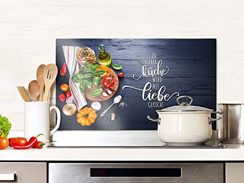 GRAZDesign Spritzschutz Küche Glas Spruch Unsere Küche mit Liebe, grau, Küchenrückwand Glas für Herd und Spüle, Rückwand Küche Glasplatte mit Motiv, 60x40cm
