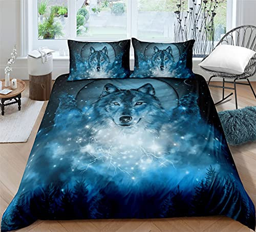 AYMAING Galaxy Wolf Thema Betten Set Kinder 135 x 200 cm + 80x80cm Tier Thema Blau Bettwäsche Set Microfaser Bettbezug mit 1 Kissenbezug 2 teilig Jungen Mädchen