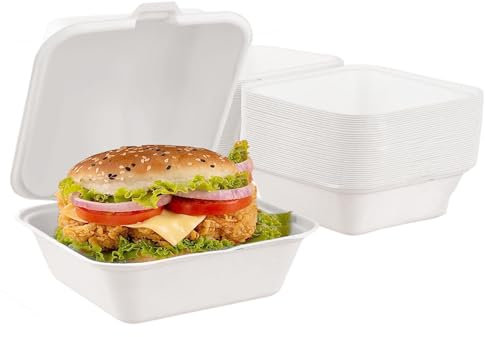EcoWise 50 Disposable Burger Boxes - 6 Inch Sugarcane Fibre Eco-Friendly Biodegradable Food Containers - Microwave & Freezer Safe Bagasse Takeaway Boxes For Sandwich, Chips & BBQ (50)
