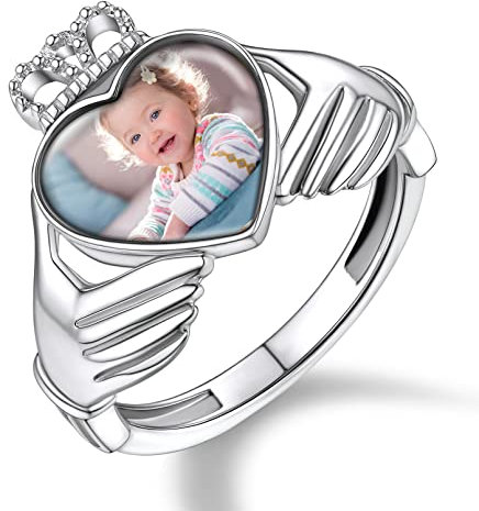 Custom4U 925 Silber Foto Ring Herren Damen Claddagh Herz Fingerring Individueller Foto Fingerring mit Gravur Herz Bild Ring für Ehering Verlobungsring Trauring