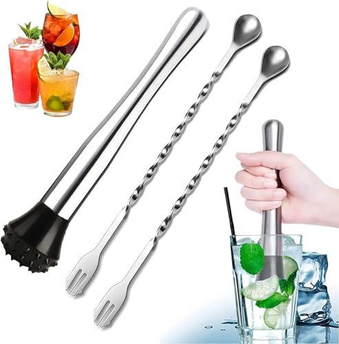 cucharas de Mezclar Cócteles de Acero Inoxidable, 30cm Martillo de Hielo Picado y 32cm Cucharas de Cóctel(Extra Grueso y Largo-XL) para Mojito y Otras Bebidas a Base de Frutas (Juego de 3)