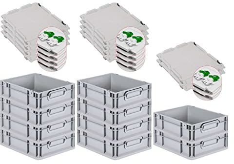 PROREGAL SuperSparSet 10x Eurobox NextGen Grip mit Scharnierdeckel und grünen Schiebeschnappverschlüssen, HxBxT 12x30x40cm, 11 L, Grau, Griffe geschlossen, Eurobehälter, Transportbox