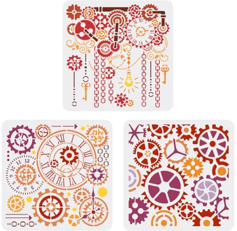 FINGERINSPIRE 3 Stück Retro Zahnrad Malschablone 30x30 cm Wiederverwendbare Steampunk Kette Schlüsselzeichnungsvorlage Uhren Schablone Zum Malen Auf Holz Wand Stoff Möbeln