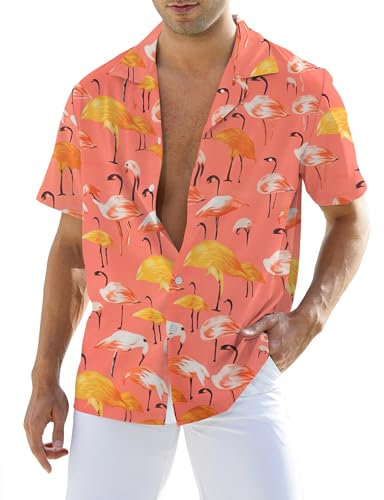 Atforna Chemise hawaïenne funky pour homme - Chemise d'été à manches courtes - Chemise de plage - Tenue de vacances - Chemise boutonnée - Chemise florale, Flamants roses, XXL
