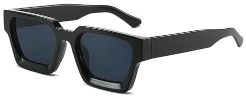 RUNHUIS Retro Dicke rechteckige Sonnenbrille für Damen Herren Vintage Klassisch Großer quadratischer Rahmen Chunky Brillen Schwarz/Grau