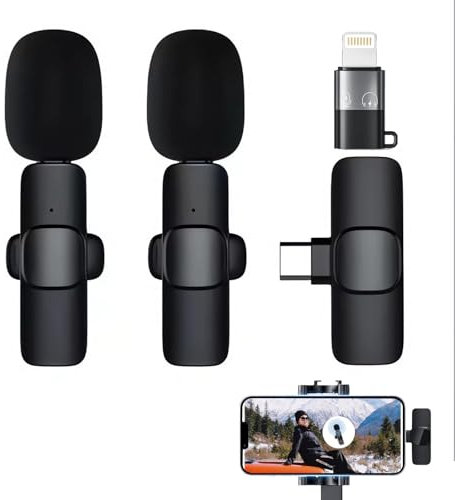 AOUZOVLI 2 Stück Mini Mikrofon,Bluetooth Mikrofon,Mikrofon Kabellos,Wireless Microphone,für iPhone Mikrofon,Geeignet für Aufnahmen,Live-übertragungen,Interviews(mit 1 für iPhone-Adapter)