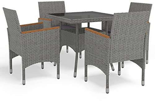 KATERYY 5-TLG. Garten-Essgruppe Grau Poly Rattan und Akazienholz,GartenmöbelSet mit RattanEsstisch und 4 bequemen Stühlen Perfekt für Ihre OutdoorFeierlichkeiten