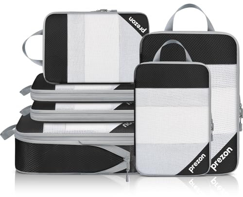 Prezon 6 Set Kompressions-Packwürfel, Durchsichtiges Design, Platzsparend, Leicht, Maßgeschneidertes Kationisches Material, Tragbarer und Langlebiger Gepäck-Organizer, Schwarz