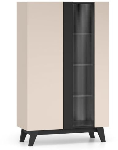 Lomadox Wohnzimmer Highboard 95 cm breit in Kaschmir mit schwarz modern, 2-türig Glastür Vitrinentür Möbelfüße grifflos Softclose