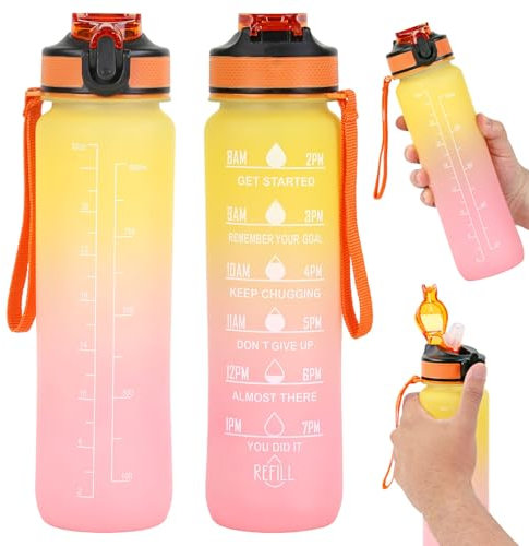 Taylor & Brown 1L Water Bottle with Straw, BPA-Free Leakproof Sports Bottle with Time Markings, Reusable Plastic Drink Bottle for Gym, Cycling, School, Office, Outdoor for Kids & Adults (Pink/Yellow)