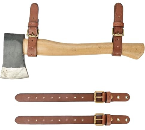 Leather Wall Hanging Straps Axe Mount Holder Rifle Shotgun Rack Holster | Pack of 2pcs, Works for Axes, Rifles, Tools Hanger, 8 Adjustable Holes, Genuine Leather with Brass Buckle, Display Hook