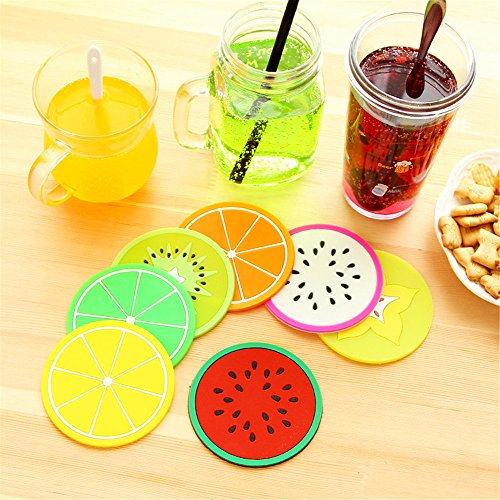 Silicone Drinks Coasters Set of 7 - Round Fruit Images Novelty Coaster for Coffee Tea