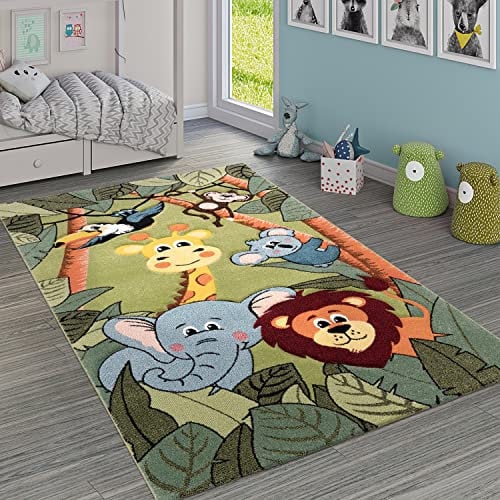 Paco Home Kinderteppich Kinderzimmer Dschungel Tiere Giraffe Löwe AFFE Nilpferd Grün, Grösse:120x170 cm