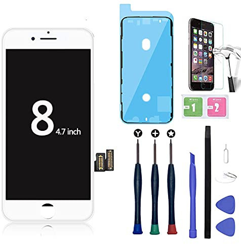 Xlhama Ersatzdisplay komplett kompatibel mit iPhone 8 (4,7 Zoll), weiß, Touchscreen, mit vollständiger Demontage, Reparaturwerkzeug, vorgeschnittener Innenklebstoff, Folie aus Hartglas, selbstklebend