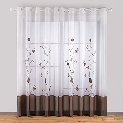 SIMPVALE 2 Pezzi Tenda per Interni, Marrone 140x260 cm Tende per Finestre con Motivo a Floreale Ricamata, Tenda Semi Trasparente Voile con Occhielli per Camera da Letto e Salotto