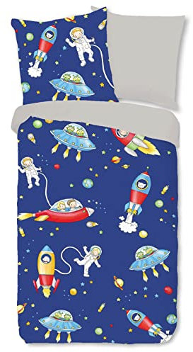 ESPiCO Bettwäsche Sleep and Dream Weltraumfreunde Astronaut Aliens Weltall Mond Rakete Kinder Zimmer Erde Renforcé, Größe:135 cm x 200 cm