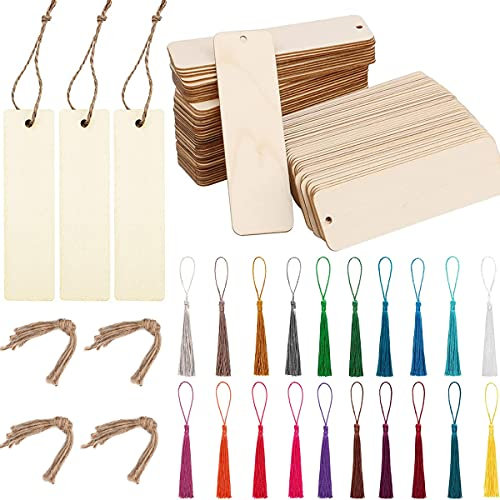 ZOCONE 108 Stück DIY Lesezeichen blanko aus Holz Set, Quaste Nettes Lesezeichen, enthält 36 Leere Holzlesezeichen mit Löchern, 36 Bunte Quasten, 36 Stränge Feines Garn, für DIY, Dekoration, Geschenk