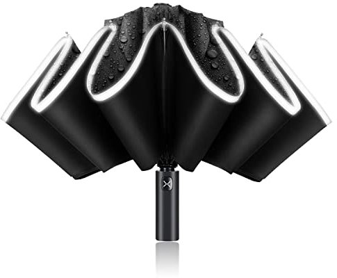MinYuocom Paraguas plegable inverso de 10 costillas A prueba de viento UPF 50+ 99% Protección UV Apertura/cierre automático Tira de seguridad reflectante compacta Paraguas portátiles Negro M1427B