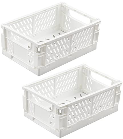 SelfTek 2 Stück Klappkisten Set, 2 Stück großer klappbox, Faltbarer Obstkorb aus Kunststoff, klappkorb für Küche,Arbeitszimmer und Büro, 25 x 16,5 x 10 cm (Weiß)