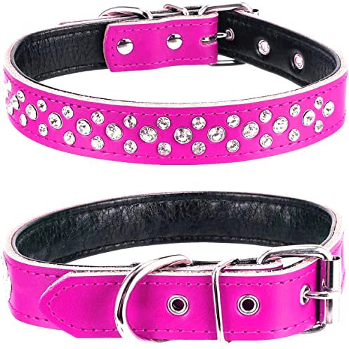 Haoyueer Hundehalsband mit Strasssteinen, verstellbar, glitzernde Kristallnieten, echtes Leder, Haustier-Hundehalsband für kleine und mittelgroße Hunde (M, Hot Pink)