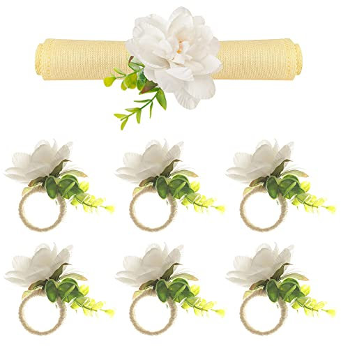 ISAKEN Blume Serviettenringe Set, 6 Stück Künstlich Rose Serviettenringe Servietten Ringe Set Serviettenhalter Blumen Servietten Halter für Hochzeits Party Feiertagsbankett Abendessen