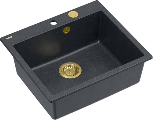 QUADRON Spülbecken Spüle Küche Schwarz & Golden | Größe 57 x 50 x 22 cm | Granit Granitspüle MORGAN 110 Einbauspüle mit Hahnloch | Einbeckenspüle Einzelbecken Küchenspüle | Einzelbecken-Spüle