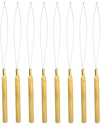 8 Pieces Hair Extension Loop Needle Wood Hair Extension Pulling Hook Tools for Micro Rings Nano beads Styling Accessories