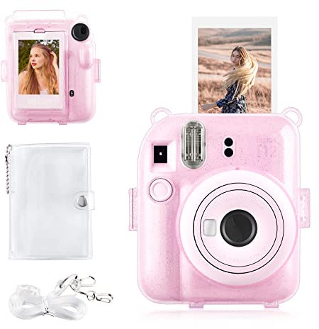 Rieibi Instax Mini 12 Tasche – Glitzerhülle für Fujifilm Instax Mini 12 Sofortbildkamera mit Fototasche auf der Rückseite, transparentem Schultergurt und Mini-Fotoalbum - Glitzer Rosa