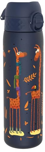 Ion8 Water Bottle, 500ml/18oz, Slim Leak-proof & BPA-Free Drinking Bottle, Secure Lock Prevents Spills, Dishwasher Safe, Carry Handle, Ideal for Adults & Kids - Travel, Gym & School, Navy, Giraffe