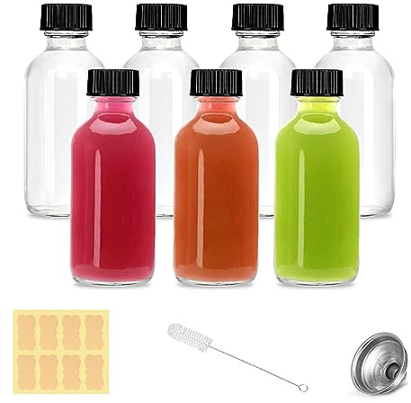 2oz Small Clear Glass Bottles with Lids - 7 Pack Shot Bottles with Caps for Ginger Shots, Juice, Potion, Liquids, Whiskey - Mini Travel Bottles with Funnels, Stickers and Brush (7Pack-Clear)