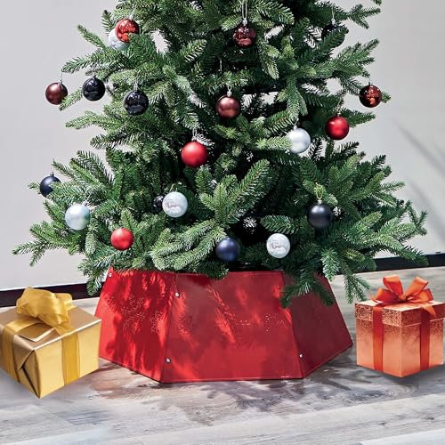 Just for Christmas Hexagonal Christmas Tree Skirt Metal Tree Décor Collar Outdoor Premium Silver Embossed Foldable Xmas Tree Decoration Skirt Durable Reusable