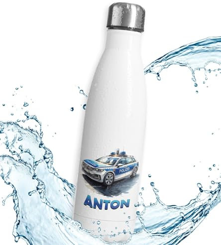 timalo® Thermosflasche personalisiert mit Namen auslaufsichere Edelstahl Trinkflasche Wasserflasche für Kinder Mädchen Jungen 500mL | Polizei Auto