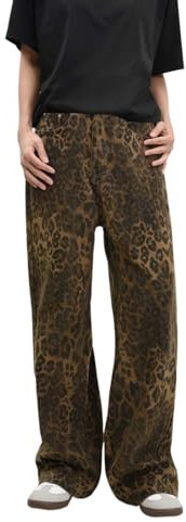 Tan Leopard Jeans Mittlere Taille Leopard Jeanshose Streetwear Jeans Mit Taschen Breite Bein Hosen Frauen Mode Komfortabel Jeans Leoparden Jeans Für Herbst Und Winter Y2K E-Girl Streetwear