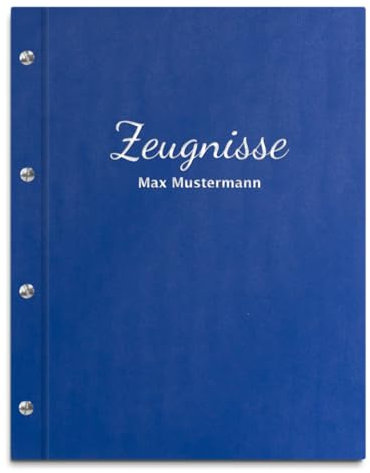 Handgefertigte Zeugnismappe mit eigenem Namen in blauer Lederoptik – inkl. 12 Sichthüllen – Mappe für Zeugnisse und Urkunden