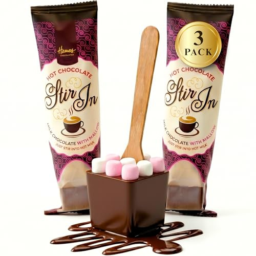Hames Milk Hot Chocolate Spoons with Mini Mallows, Pack of 3, Chocolate Block with Wooden Stirrer, Flow Wrapped, 100% Recyclable, Gift/Sleepover/Luxury Chocolate Drink. 3 Stirrers
