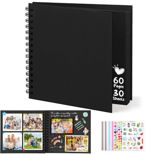 DazSpirit Fotoalbum zum Selbstgestalten, 8-inch Fotobuch zum Einkleben, Quadratisches Hardcover-Scrapbook und Gästebuch Geburtstag für Abschluss, Hochzeit, Babys, mit 5 Aufkleber, 60 Seiten, Schwarz
