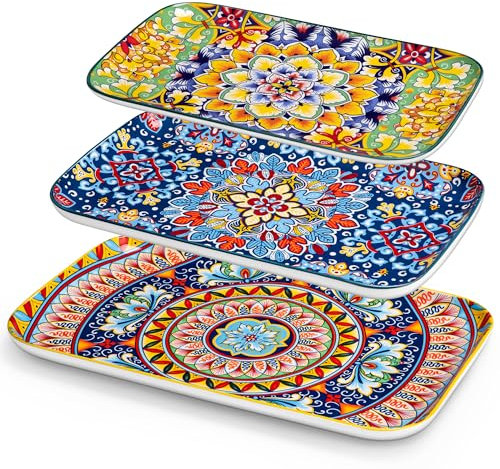 vancasso Servierplatte Porzellan 3er set, SIMI Rechteckige Teller Set, Böhmischer Speiseteller, Kuchenteller, Dessertteller, Frühstücksteller, 3 Größen servierplatten