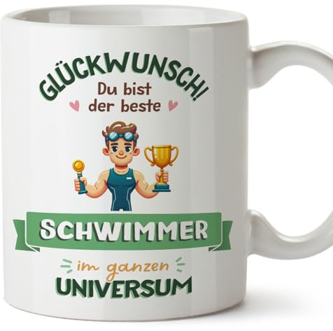 Mugffins Tassen/Becher mit Spruch für SCHWIMMER Mann - Auf Deutsch - Bester im Universum, Trophäe - 11 oz / 330 ml - originelles und lustiges Geschenk Mitarbeiter