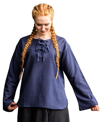 Leonardo Carbone® Damen Bluse Tilda | Schnürung Vorderseite | Mittelalter Design | Karneval, Halloween, Cosplay, LARP, Tunika, Hemd, Oberteil, Kostüm | 100% Baumwolle Blau 2XL