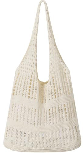 WantGor Häkeltaschen, Strand Mesh Tragetasche Damen Umhängetasche Einkaufstasche Lässige Reisetaschen Tasche faltbar Hobo Taschen (Creme Weiß)