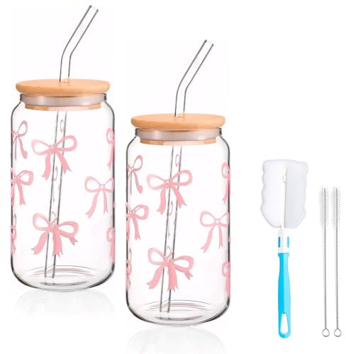 2-Pack Bow Cup, 480ML Glass Cups with Lids and Straw, Beer Can Tumbler Glasses Iced Coffee Cup for Milk, Cocktail, Coke, Soda, Matcha,Smoothie Mug, Elegant Gift