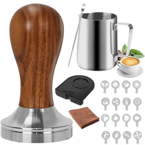 Atliberswo Kaffee Tamper 51mm Set, Espresso Tamper Zubehör mit 350ml Edelstahl Milchkännchen und Latte-Art-Stift, 16x Kaffee-Schablone, Espresso Tamper Matte, Reinigungstuch