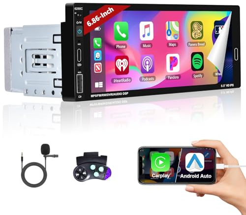 Android Auto 1Din Bluetooth Autoradio con Carplay, Motorsi 6.86 Pollici Touchscreen Radio Auto con Schermo, Stereo Auto Supporto Bluetooth 5.0/Type-C/USB/MirrorLink/FM/AUX-IN/EQ/SWC Lettore MP5