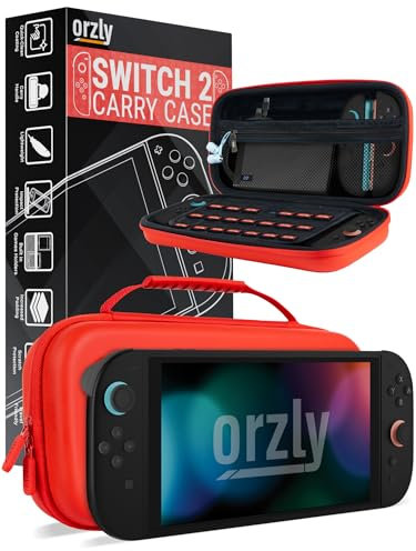 Orzly Red Protective Carry Case for Nintendo Switch 2 Travel Case with Screen Padding, Game Card and microSD Slots, Zipped & Open Pockets for Console Accessories - Gift Box Edition
