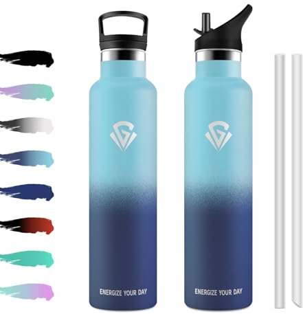 Trinkflasche Edelstahl 1L, Thermoskanne mit Strohhalm, Kohlensäure Geeignet, BPA-Frei, Vakuum Isolierte Thermosflasche, Isolierflasche Auslaufsichere für Laufen, Fahrrad, Schule, Camping, Picknick