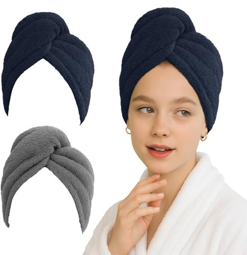 kaiyaya 2 Stück Haarturban Mikrofaser Handtuch mit Knopf Haarhandtuch Kopfhandtuch Schnell Trocknend Microfaser für Kopf und Lange Haare Alle Haartypen(Grau+Dunkelblau)