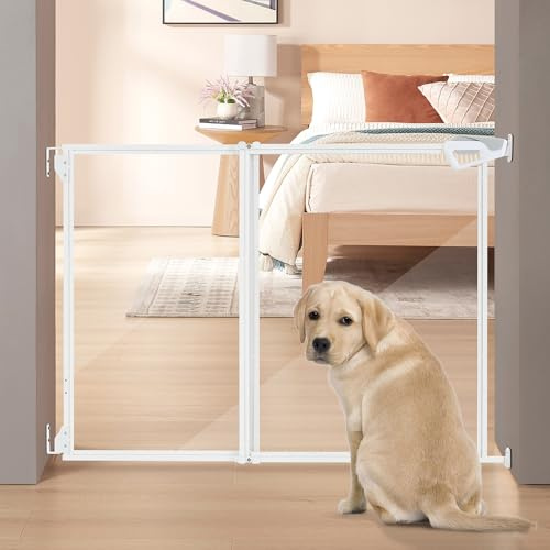 unipaws Clear Dog Gate, No Bottom Bar Pet Safety Gate for Doorways Hallways Stairs, Walk Thru Design with One-Hand Dual Swing Door, Indoor and Outdoor Use, Adjustable 71 cm to 110 cm Wide, 76 cm Tall